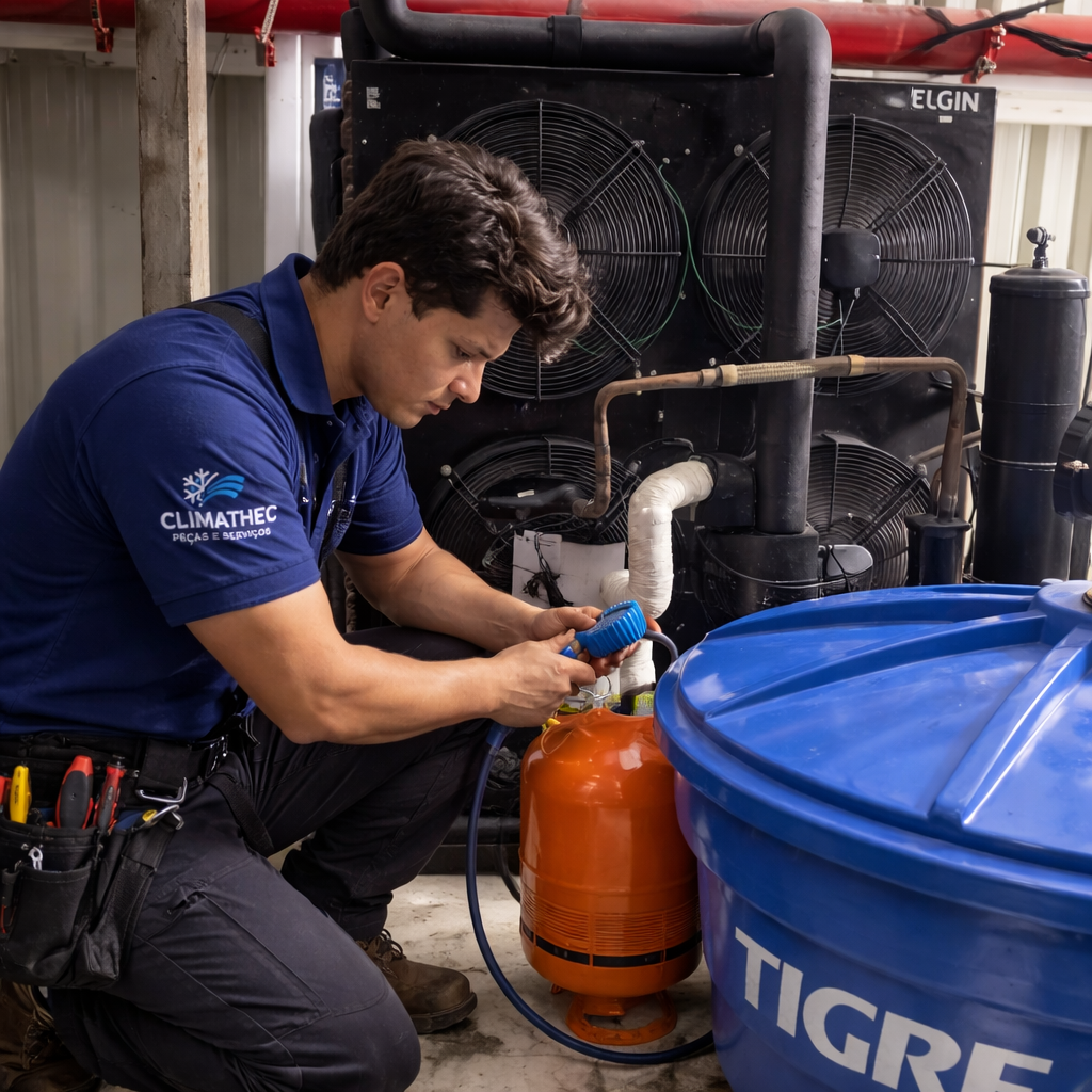 Técnico da Climathec fazendo diagnóstico com manifold em condensadora