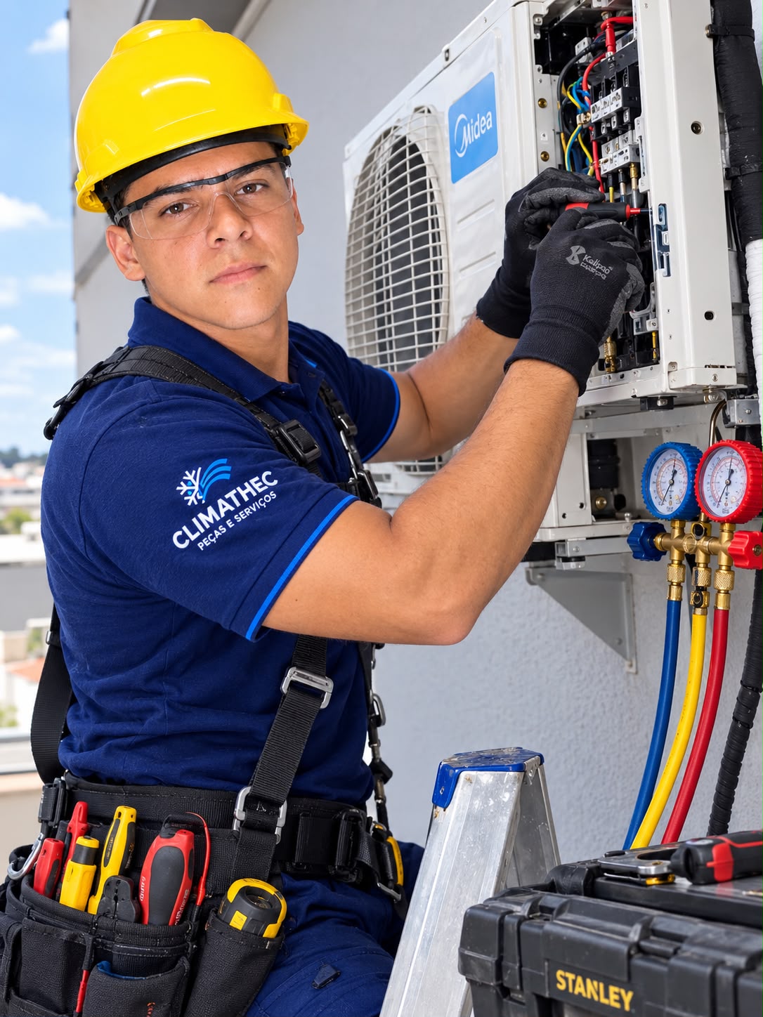 Técnico da Climathec realizando manutenção preventiva em unidade externa
