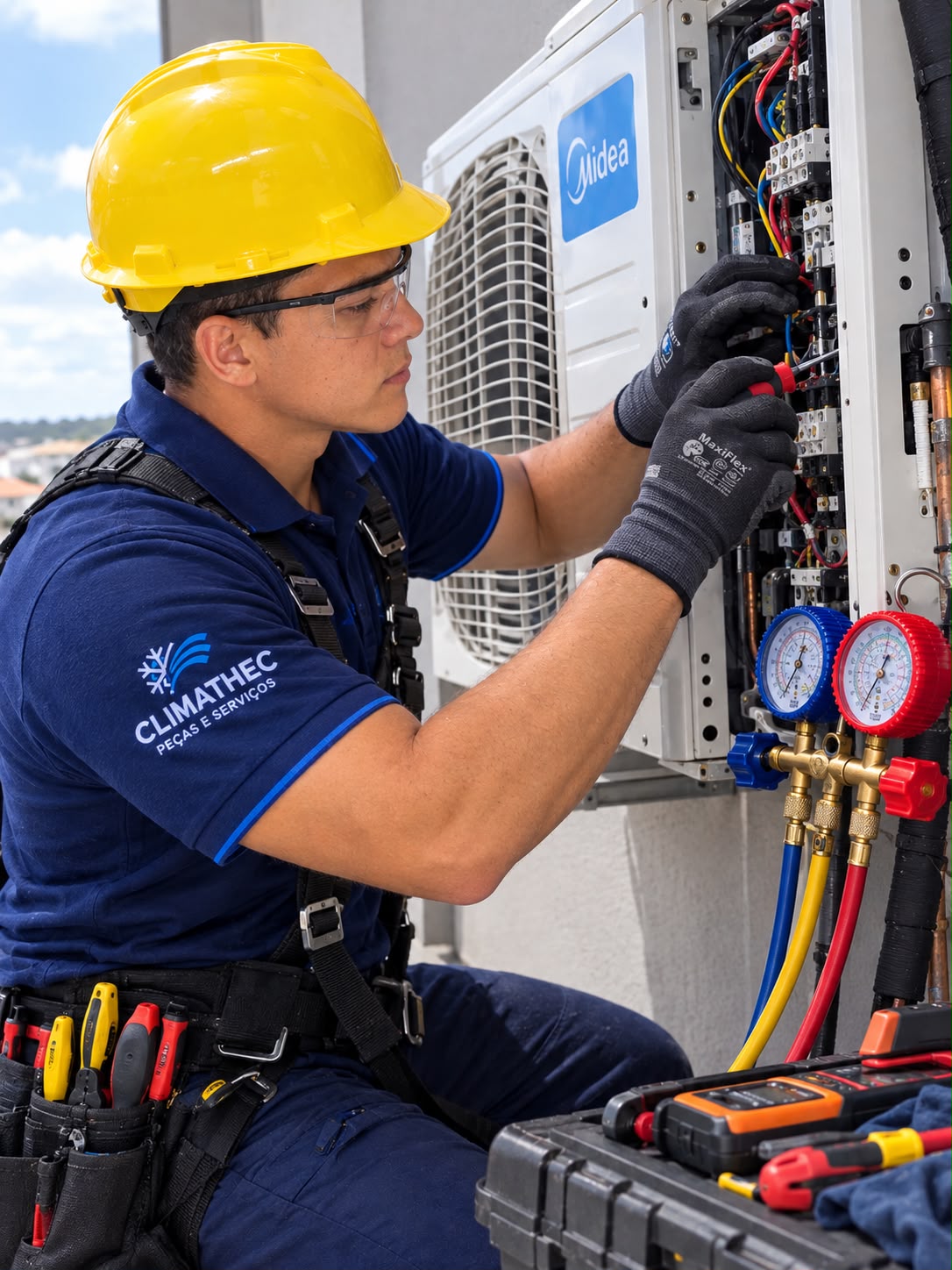 Técnico da Climathec fazendo instalação elétrica em condensadora